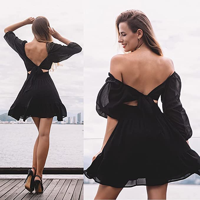 PATLANI Western Dresses for Women |Square Collar OR Off Shoulder Wearing Dress | Midi Western Dress for Women.(Off-Black-S) - Image 2