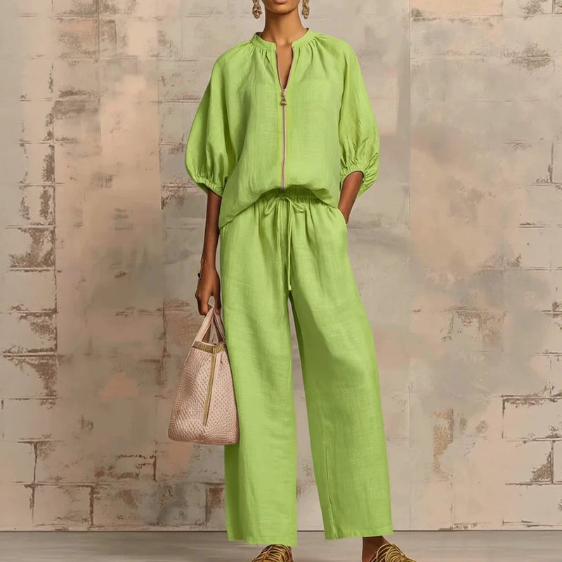 Women's Casual Zip Up Wide Leg Pants Set - Image 3