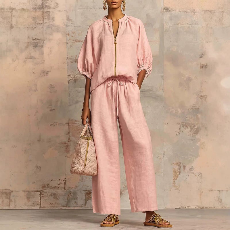 Women's Casual Zip Up Wide Leg Pants Set - Image 1