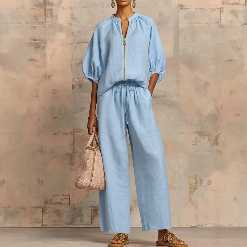 Women's Casual Zip Up Wide Leg Pants Set - Image 2