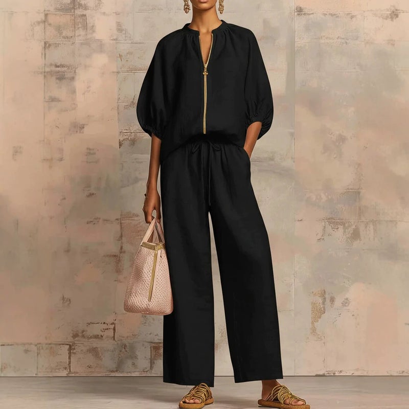 Women's Casual Zip Up Wide Leg Pants Set - Image 5