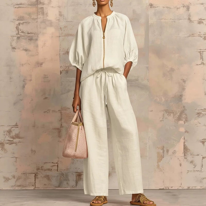 Women's Casual Zip Up Wide Leg Pants Set - Image 4