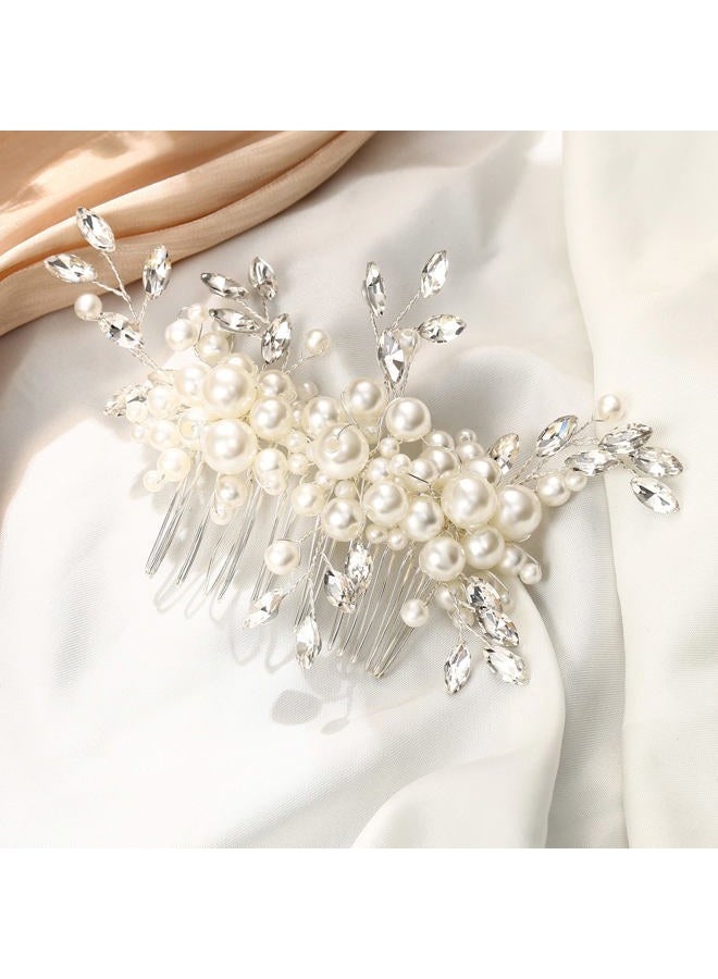 EVER FAITH Marquise Shaped Crystal Simulated Pearl Leaf Elegant Bridal Accessory Hair Piece Wedding Side Comb for Bride Bridesmaids - Image 4