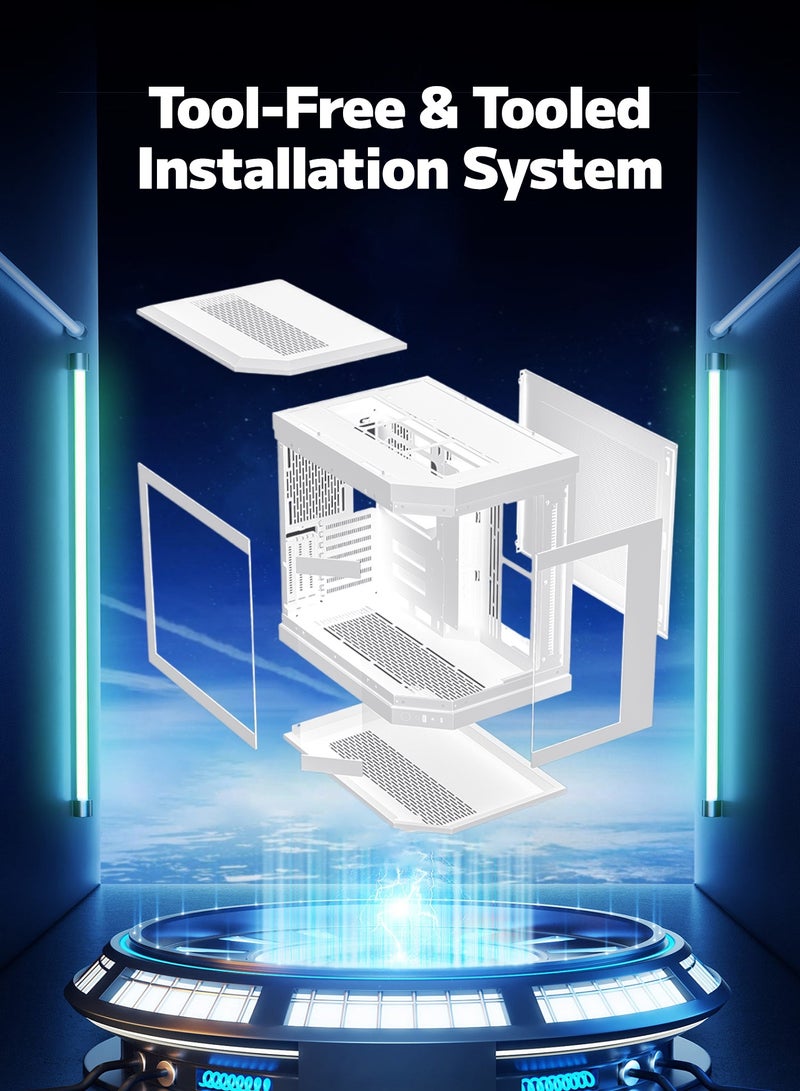 أركايوبتيركس حافظة كمبيوتر ألعاب متوسطة الحجم مع 9 مواقع للمراوح - حافظة كمبيوتر مصنوعة بالكامل من الزجاج المقوى تدعم اللوحات الأم ATX العريضة، ولوحة أمامية من النوع C و USB 3.0 لتدفق هواء مثالي (أبيض) - Image 5