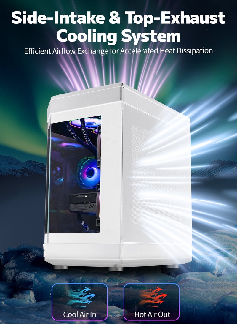 أركايوبتيركس حافظة كمبيوتر ألعاب متوسطة الحجم مع 9 مواقع للمراوح - حافظة كمبيوتر مصنوعة بالكامل من الزجاج المقوى تدعم اللوحات الأم ATX العريضة، ولوحة أمامية من النوع C و USB 3.0 لتدفق هواء مثالي (أبيض) - Image 4