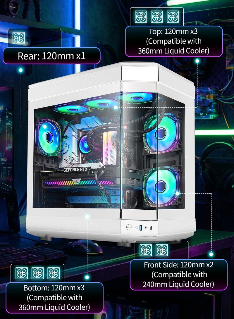 أركايوبتيركس حافظة كمبيوتر ألعاب متوسطة الحجم مع 9 مواقع للمراوح - حافظة كمبيوتر مصنوعة بالكامل من الزجاج المقوى تدعم اللوحات الأم ATX العريضة، ولوحة أمامية من النوع C و USB 3.0 لتدفق هواء مثالي (أبيض) - Image 3