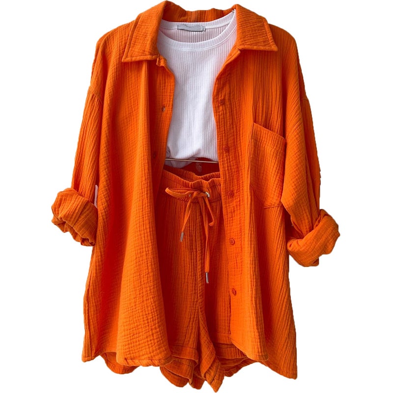 2024 Amazon European and American womens ruffle lapel long sleeve shirt high waist drawstring shorts fashion casual two-piece set Orange 