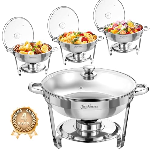 NEWKITCHEN Chafing Dishes for Buffet 4 Pack, 5 QT Round Chafing Dishes for Buffet [Transparent Glass Cover] Stainless Steel Chafing Dish Buffet Set for Any Party - Image 1