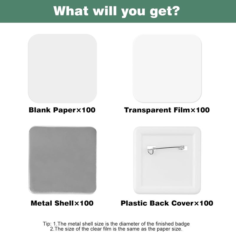 Happizza 100 Sets 50mm/1.97 inch Button Maker Supplies for Square-Shaped Button Maker Machine, Includes Metal Cover, Plastic Back Cover, Clear Film, Blank Paper&Cutting Template - Image 2