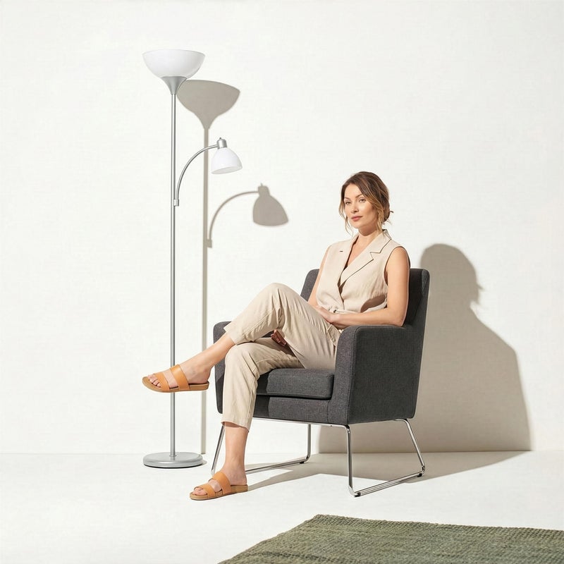 Brightech Sky Dome Plus LED Floor lamp, Torchiere Super Bright Floor Lamp with Reading Lamp for Living Rooms & Offices - Dimmable Tall Standing Lamp for Bedroom Reading - Silver - Image 3