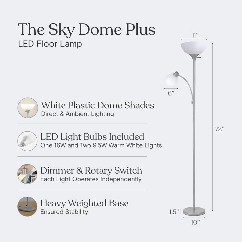 Brightech Sky Dome Plus LED Floor lamp, Torchiere Super Bright Floor Lamp with Reading Lamp for Living Rooms & Offices - Dimmable Tall Standing Lamp for Bedroom Reading - Silver - Image 4