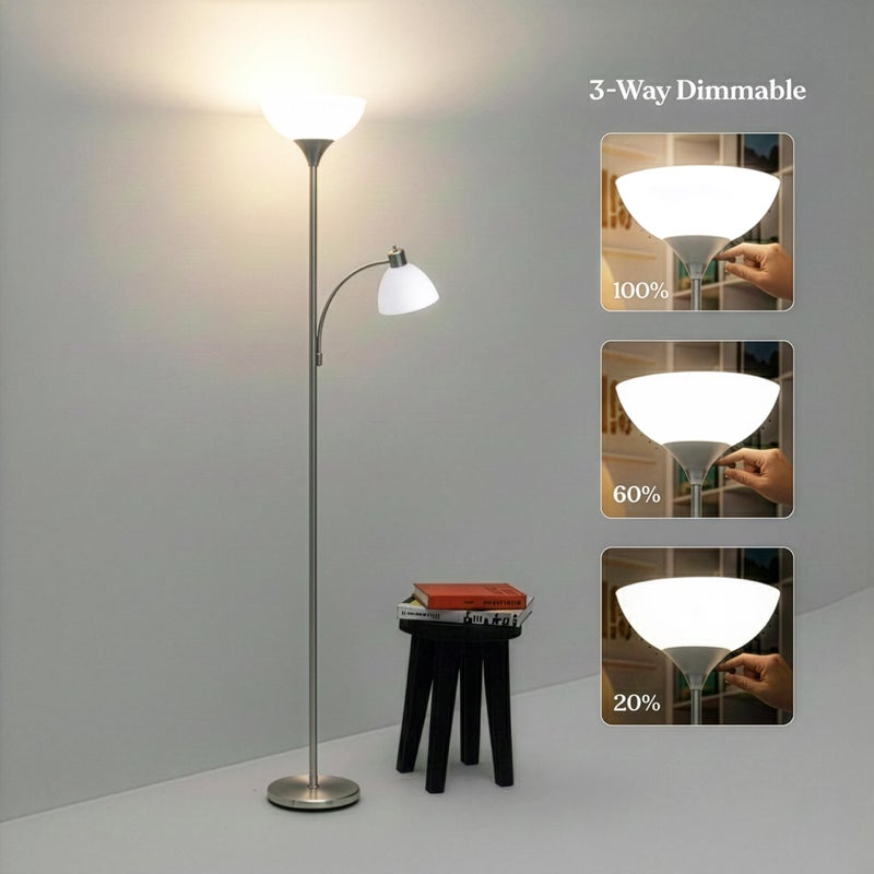 Brightech Sky Dome Plus LED Floor lamp, Torchiere Super Bright Floor Lamp with Reading Lamp for Living Rooms & Offices - Dimmable Tall Standing Lamp for Bedroom Reading - Silver - Image 5