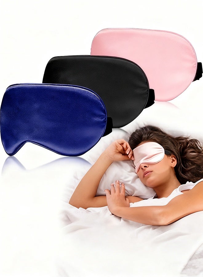 هابي دي 3 قطع من أقنعة النوم الحريرية لتعتيم الضوء، قناع للعين للنوم مع أحزمة قابلة للتعديل ومرنة (أسود، وردي وأزرق) - Image 1