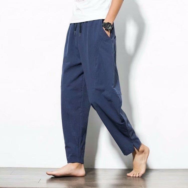 Chinese Style Mens Linen Wide-Leg Pants Navy blue Navy blue