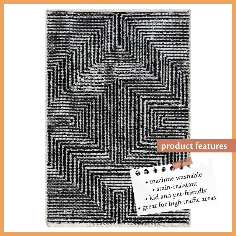 Indigo Ink - Washable Area Rug, Stain Resistant, Geometric Boho Decor, Easy to Clean, Ideal for Living Room, Bedroom, Office (2' x 3', Panther Black/White) - Image 2