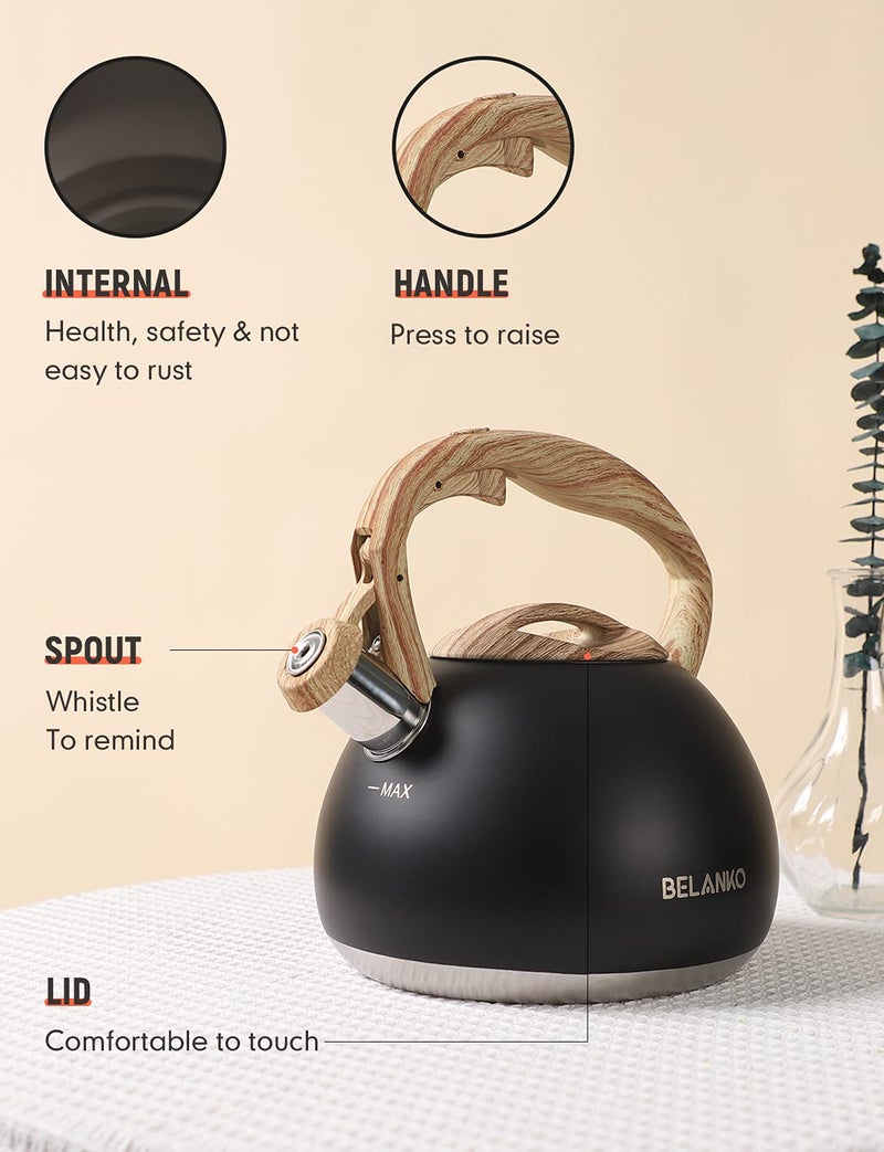 BELANKO Tea Kettle, BELANKO 102 OZ / 3 Liter Whistling Tea Kettle, Tea Pots for Stove Top Food Grade Stainless Steel with Wood Pattern Handle, Loud Whistle Kettle for Tea, Coffee, Water, Milk - Black - Image 4