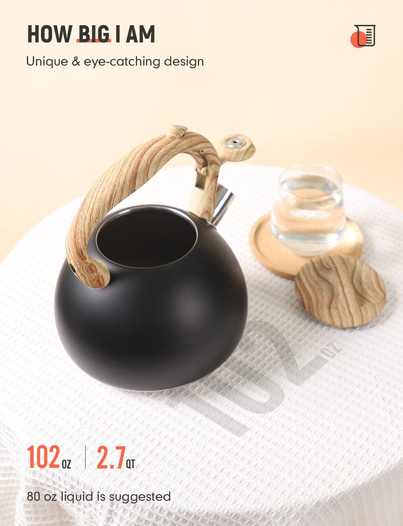 BELANKO Tea Kettle, BELANKO 102 OZ / 3 Liter Whistling Tea Kettle, Tea Pots for Stove Top Food Grade Stainless Steel with Wood Pattern Handle, Loud Whistle Kettle for Tea, Coffee, Water, Milk - Black - Image 3