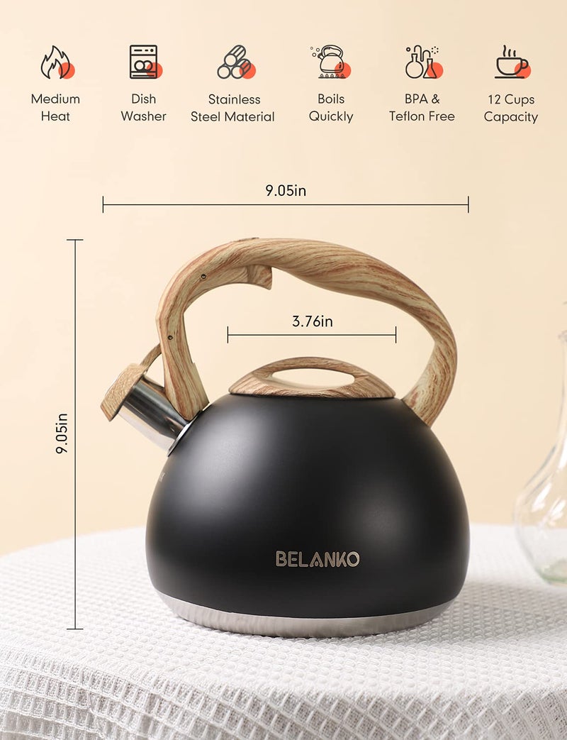 BELANKO Tea Kettle, BELANKO 102 OZ / 3 Liter Whistling Tea Kettle, Tea Pots for Stove Top Food Grade Stainless Steel with Wood Pattern Handle, Loud Whistle Kettle for Tea, Coffee, Water, Milk - Black - Image 5