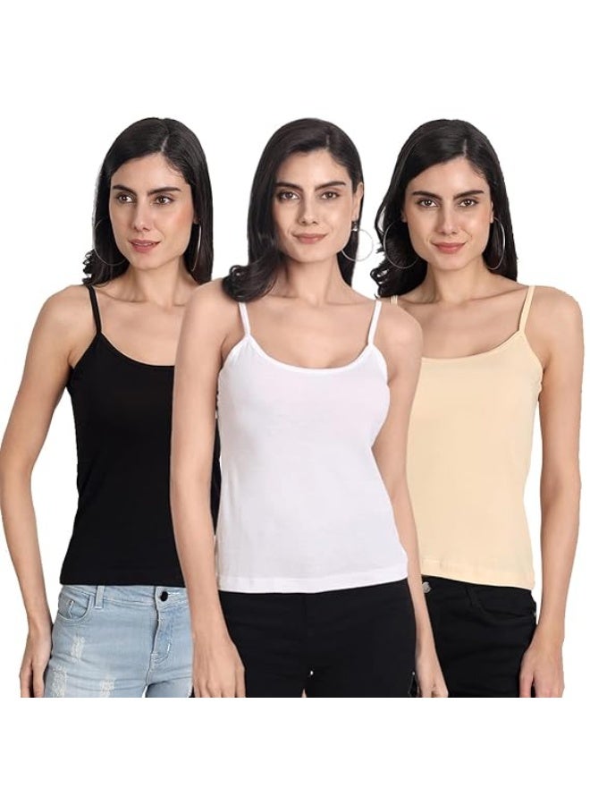 Aimly Women's Regular Fit Sleeveless Cotton Camisole Slip Spaghetti Combo Pack of 3, Contains 1 Beige 1 Black 1 White Color - Image 1