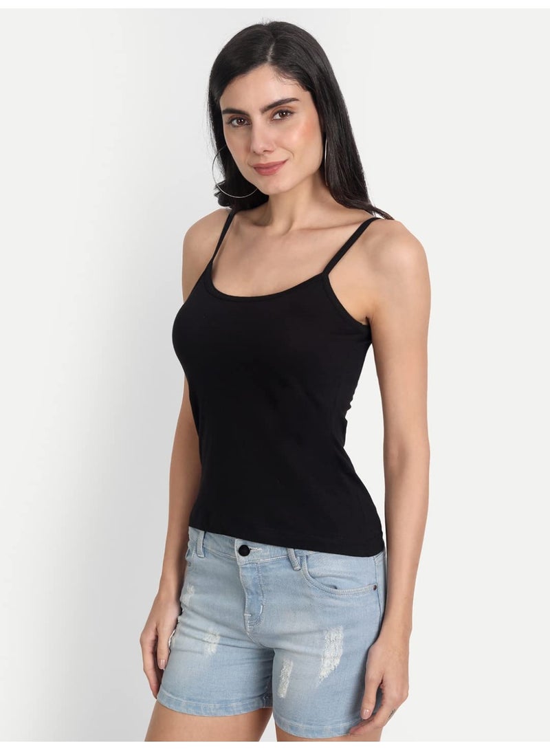 Aimly Women's Regular Fit Sleeveless Cotton Camisole Slip Spaghetti Combo Pack of 3, Contains 1 Beige 1 Black 1 White Color - Image 2