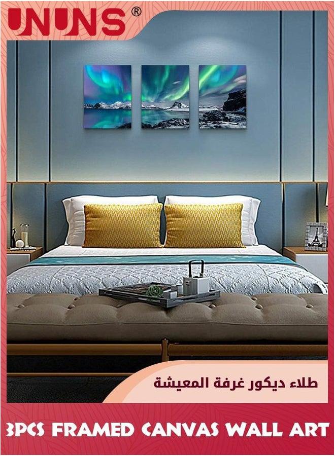 UNUNS 3-Piece Canvas Wall Art,Aurora Scenery Painting Art With Framed For Bedroom Living Room Office Decor,12x16inch - Image 3