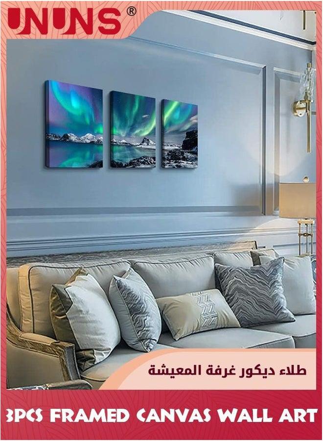 UNUNS 3-Piece Canvas Wall Art,Aurora Scenery Painting Art With Framed For Bedroom Living Room Office Decor,12x16inch - Image 2