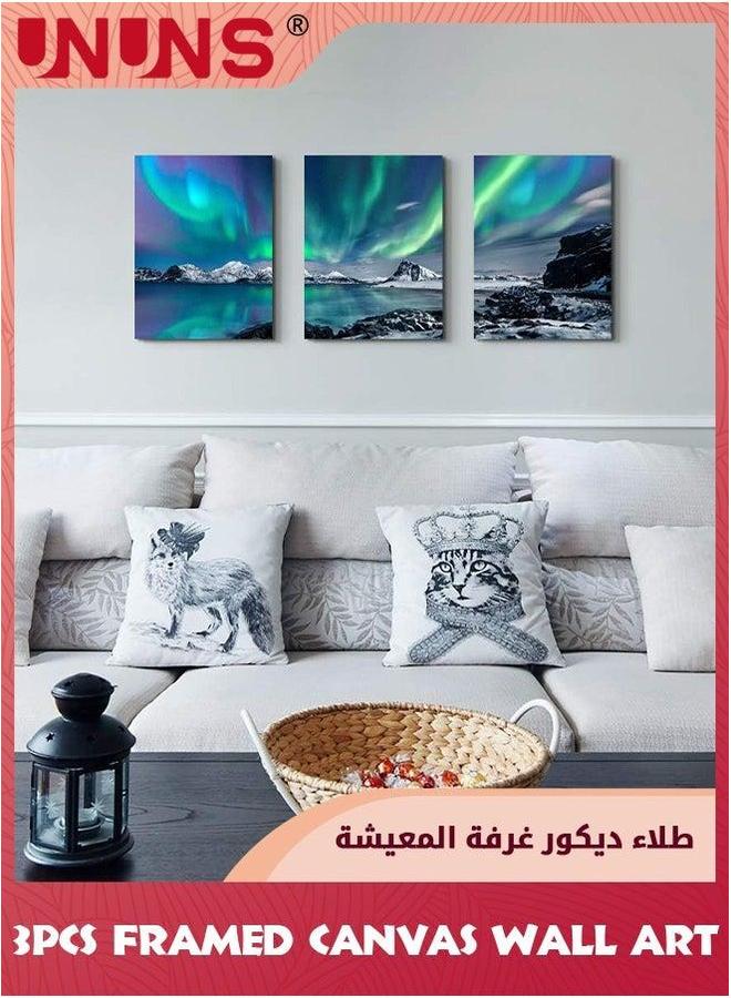 UNUNS 3-Piece Canvas Wall Art,Aurora Scenery Painting Art With Framed For Bedroom Living Room Office Decor,12x16inch - Image 4