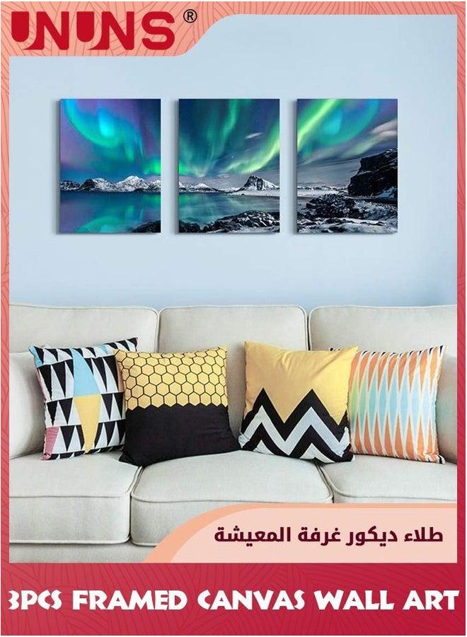 UNUNS 3-Piece Canvas Wall Art,Aurora Scenery Painting Art With Framed For Bedroom Living Room Office Decor,12x16inch - Image 5