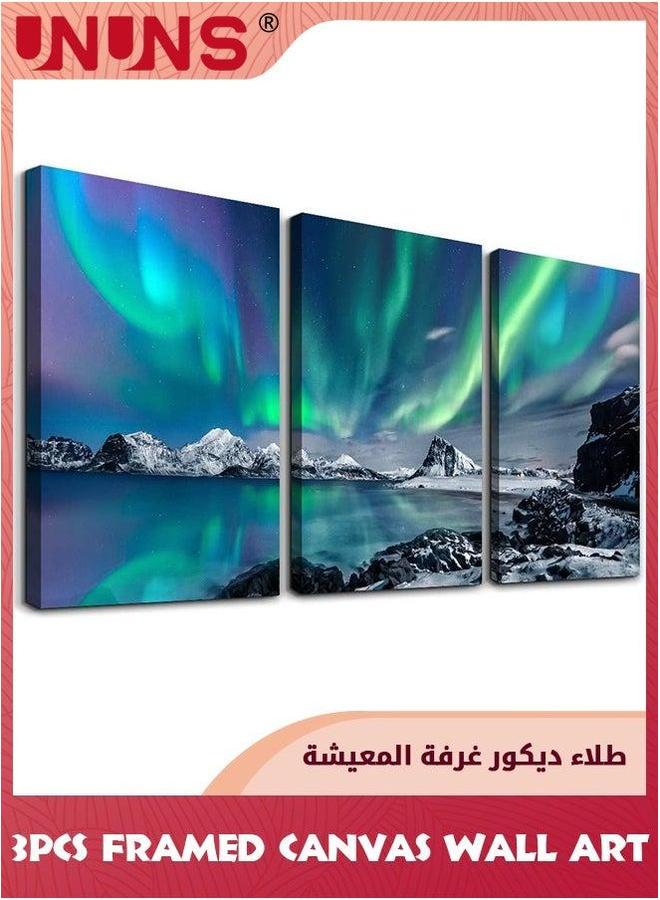 UNUNS 3-Piece Canvas Wall Art,Aurora Scenery Painting Art With Framed For Bedroom Living Room Office Decor,12x16inch - Image 1