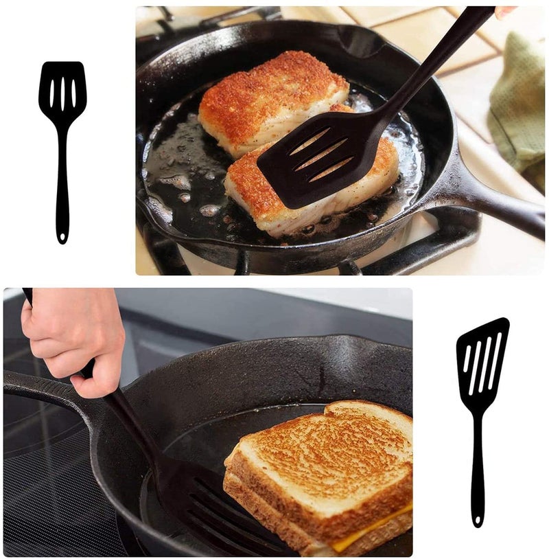 P Plus Fire Silicone Nonstick Turner HeatResistant Rubber Spatula Food Grade Slotted Turner Slotted Spatula for Fish Eggs Pancakes 34 CMSet of 2 Black - Image 4