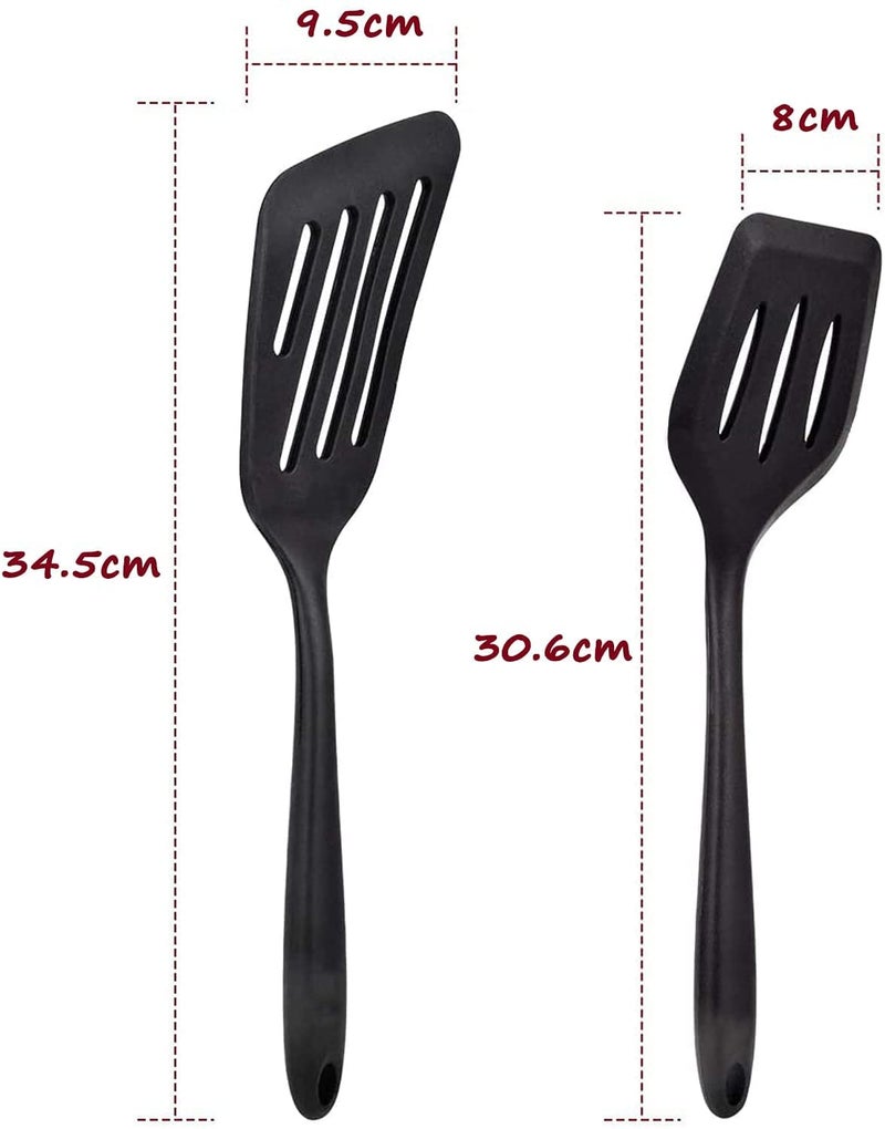 P Plus Fire Silicone Nonstick Turner HeatResistant Rubber Spatula Food Grade Slotted Turner Slotted Spatula for Fish Eggs Pancakes 34 CMSet of 2 Black - Image 2