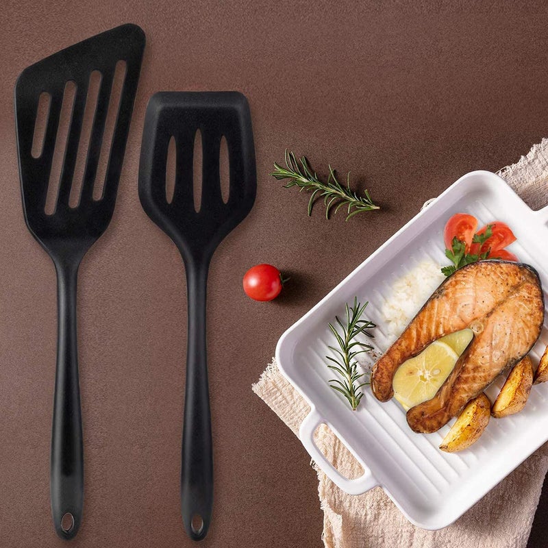 P Plus Fire Silicone Nonstick Turner HeatResistant Rubber Spatula Food Grade Slotted Turner Slotted Spatula for Fish Eggs Pancakes 34 CMSet of 2 Black - Image 5