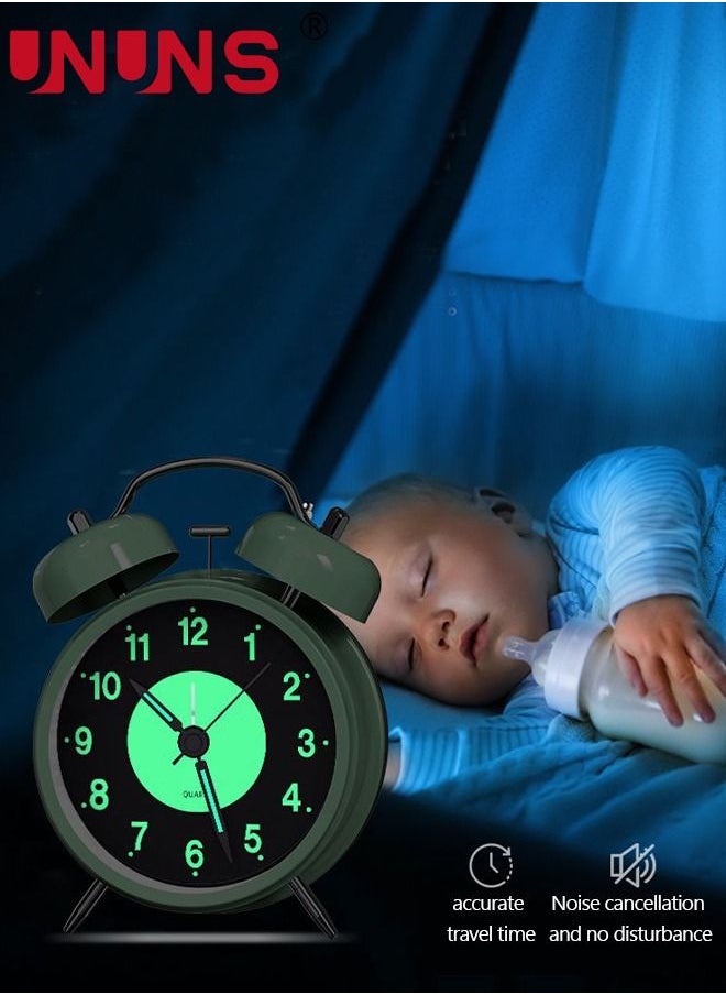 UNUNS - Twin Bell Alarm Clock,Loud Alarm Clock For Heavy Sleepers,4 Inch Silent Non-Ticking Quartz Clock With Backlight,Luminous Dial,Alarm Clocks For Bedrooms Bedside,Green - Image 1