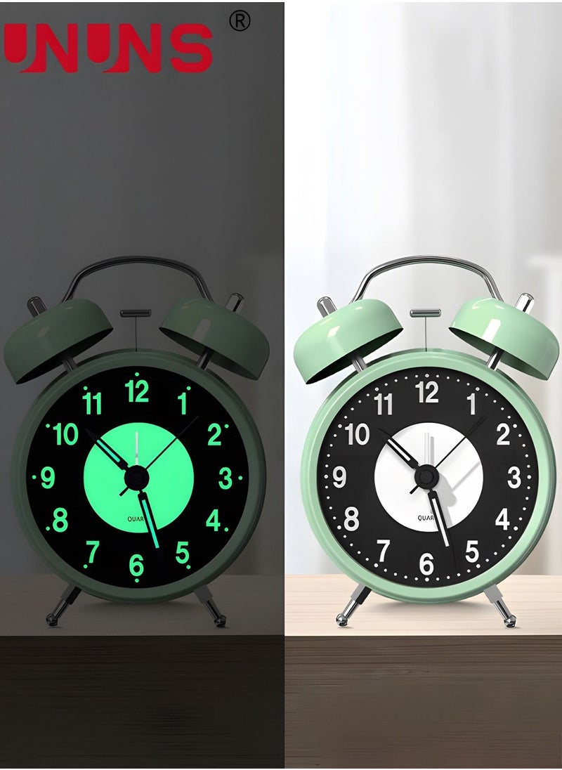 UNUNS - Twin Bell Alarm Clock,Loud Alarm Clock For Heavy Sleepers,4 Inch Silent Non-Ticking Quartz Clock With Backlight,Luminous Dial,Alarm Clocks For Bedrooms Bedside,Green - Image 1