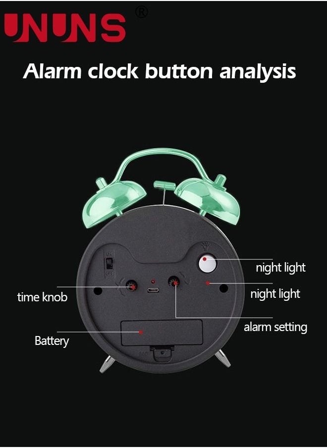 UNUNS - Twin Bell Alarm Clock,Loud Alarm Clock For Heavy Sleepers,4 Inch Silent Non-Ticking Quartz Clock With Backlight,Luminous Dial,Alarm Clocks For Bedrooms Bedside,Green - Image 1