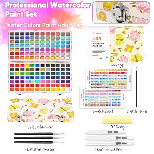 Taotree Watercolor Paint Set 168 Colors, Art Supplies Watercolors Kit Travel Water Colors with 3 Paints Brushes, Crafts Painting Supplies, Drawing Christmas Gifts for Teens Girls Boys Adults Artists - Image 3
