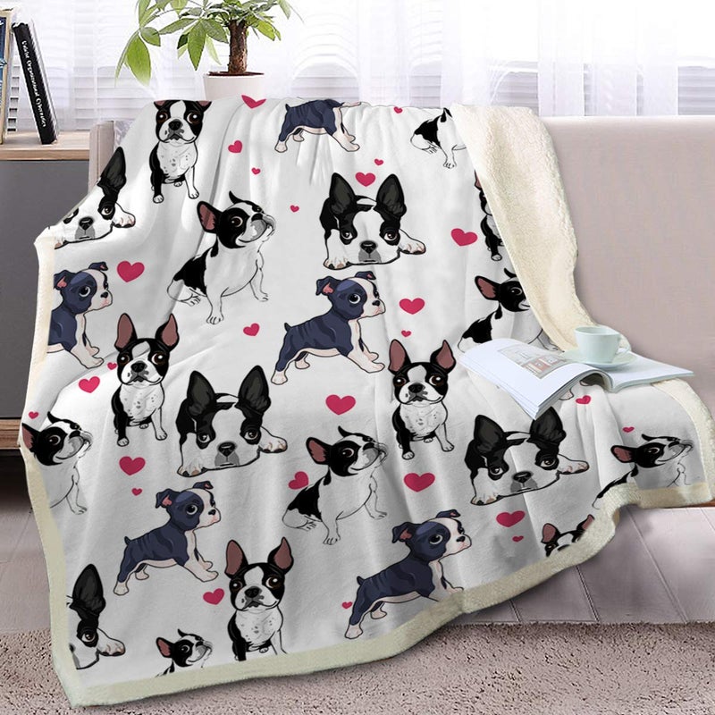 BlessLiving Boston Terrier Blanket Frenchie Dog Red Heart Plush Blanket Cute Puppy Dog Cozy Fleece Throws and Blankets for Kids Girls Women Animal Pet White Boston Dog Lover Blanket Gift 50 x 60 Inch - Image 1