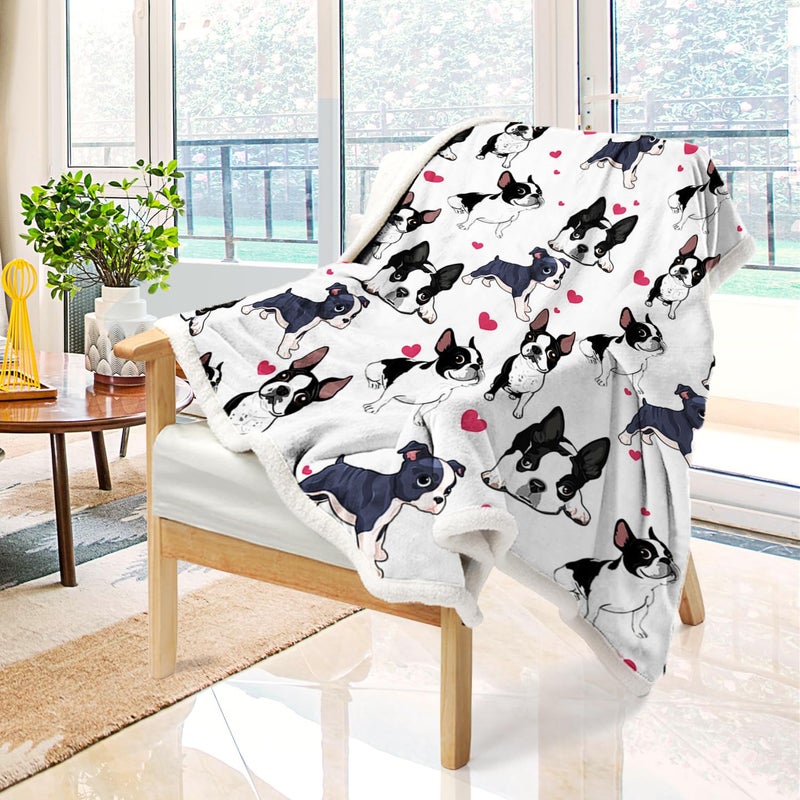 BlessLiving Boston Terrier Blanket Frenchie Dog Red Heart Plush Blanket Cute Puppy Dog Cozy Fleece Throws and Blankets for Kids Girls Women Animal Pet White Boston Dog Lover Blanket Gift 50 x 60 Inch - Image 2