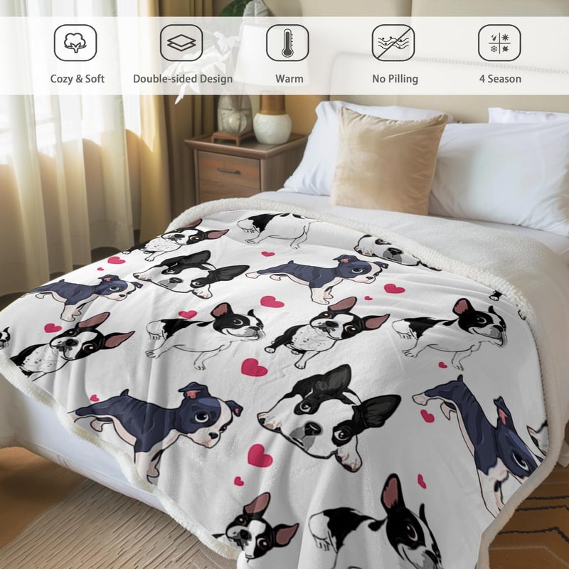 BlessLiving Boston Terrier Blanket Frenchie Dog Red Heart Plush Blanket Cute Puppy Dog Cozy Fleece Throws and Blankets for Kids Girls Women Animal Pet White Boston Dog Lover Blanket Gift 50 x 60 Inch - Image 3
