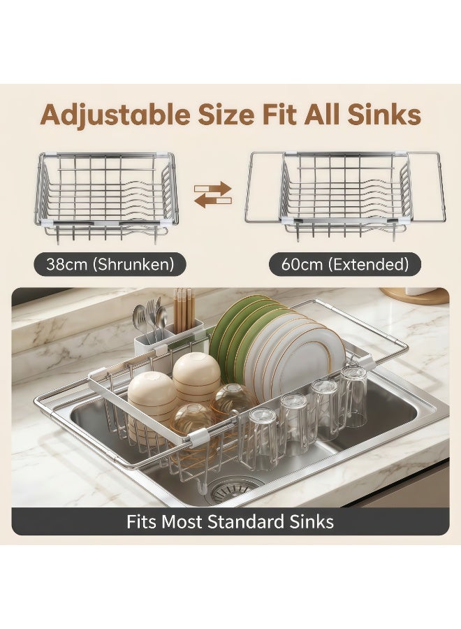 Generic Stainless Steel Expandable Dish Rack, Over the Sink Adjustable Length 15-23.6 Inches, Large Kitchen Counter Drying Rack with Drainboard, Utensil Holder & Cup Holder, Rustproof - Image 4