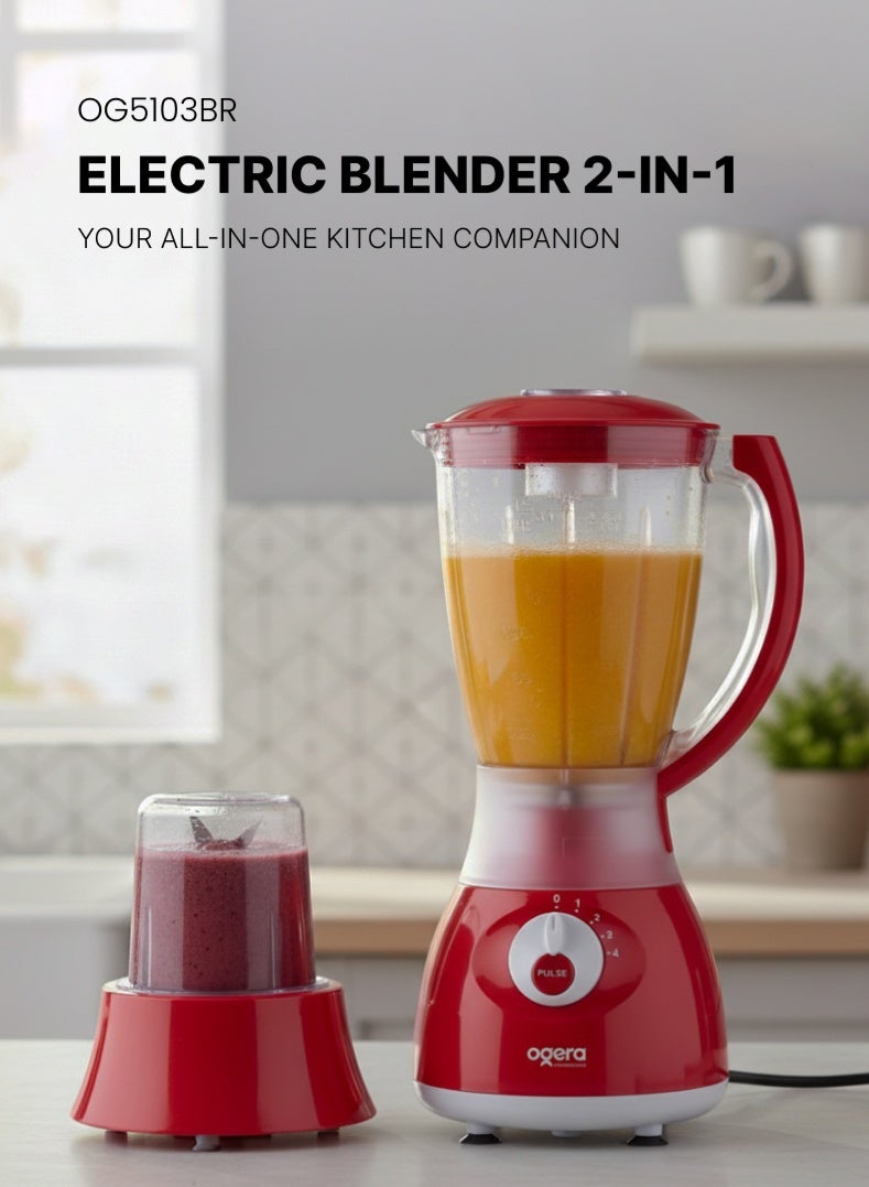 أوجيرا خلاط كهربائي ٢ في ١، ٣٥٠ واط | محرك قوي بأربع سرعات وخاصية التحكم بالنبضات | وعاء شفاف غير قابل للكسر سعة ١.٨ لتر | شفرات من الفولاذ المقاوم للصدأ وملحق مطحنة | مثالي للعصائر، ومخفوقات الحليب، والتوابل، وطحن المكسرات | ضمان سنتين - Image 1
