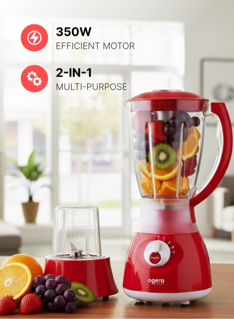 أوجيرا خلاط كهربائي ٢ في ١، ٣٥٠ واط | محرك قوي بأربع سرعات وخاصية التحكم بالنبضات | وعاء شفاف غير قابل للكسر سعة ١.٨ لتر | شفرات من الفولاذ المقاوم للصدأ وملحق مطحنة | مثالي للعصائر، ومخفوقات الحليب، والتوابل، وطحن المكسرات | ضمان سنتين - Image 2