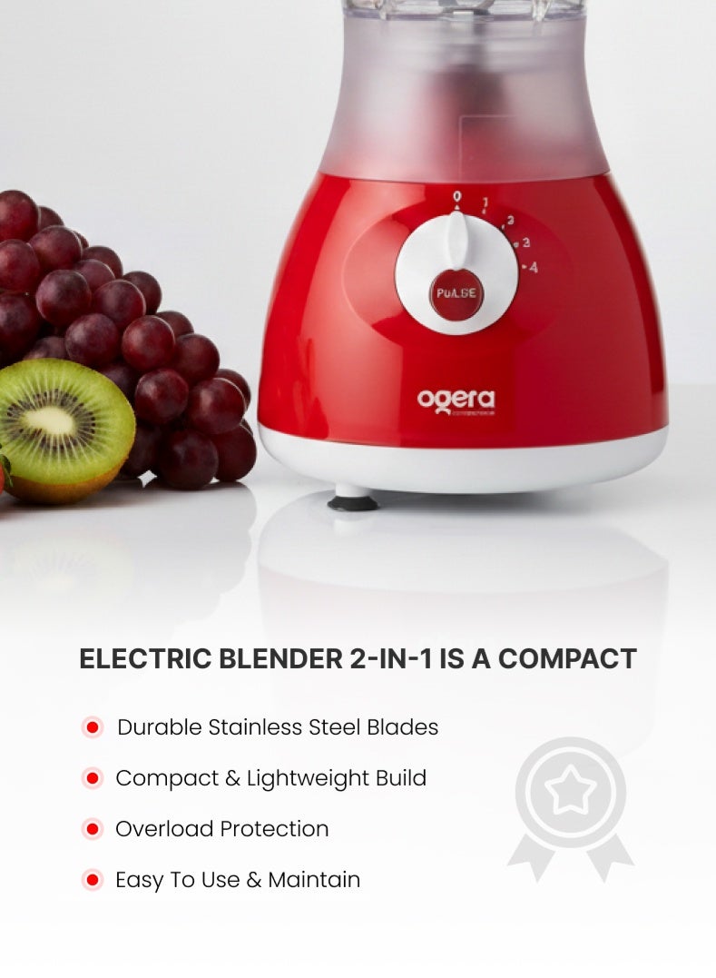 أوجيرا خلاط كهربائي ٢ في ١، ٣٥٠ واط | محرك قوي بأربع سرعات وخاصية التحكم بالنبضات | وعاء شفاف غير قابل للكسر سعة ١.٨ لتر | شفرات من الفولاذ المقاوم للصدأ وملحق مطحنة | مثالي للعصائر، ومخفوقات الحليب، والتوابل، وطحن المكسرات | ضمان سنتين - Image 3