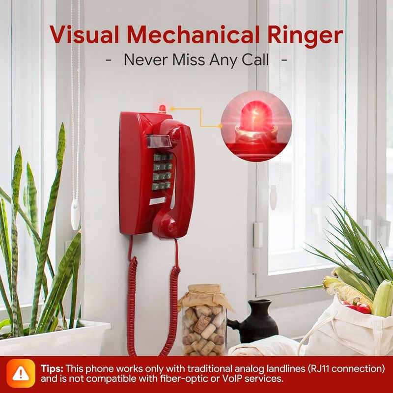Sangyn Retro Wall Phones for Landline with Mechanical Ringer Corded Telephone Wall Mounted with Indicator Waterproof Old Style Landline Phones for Home Kitchen, Red - Image 1