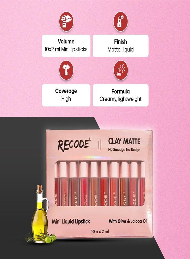 Recode Clay Matte Liquid Lipsticks 2 ML x 10|Long Lasting|Waterproof|Perfect for Gifting,Wedding & Special Occasions|Smudge-proof|Infused with olive & Jojoba Oil|Travel Pack of 10 - Image 3