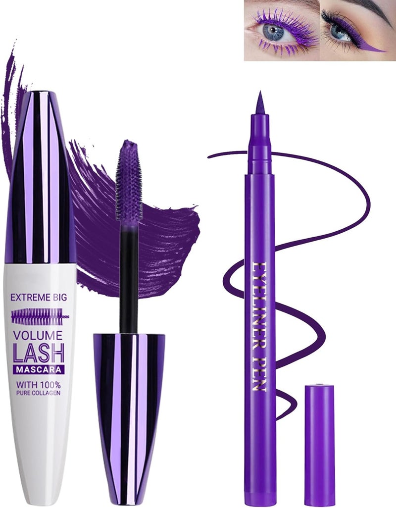Lestpola Purple Waterproof Mascara & Eyeliner Set, 5D Silk Fiber Liquid Lash Extensions Colored Tubing Mascara Volume and Length, Long Wear, Smudge-Proof Curling Non-Clumping Mascara & Eyeliner Pen for Women - Image 1