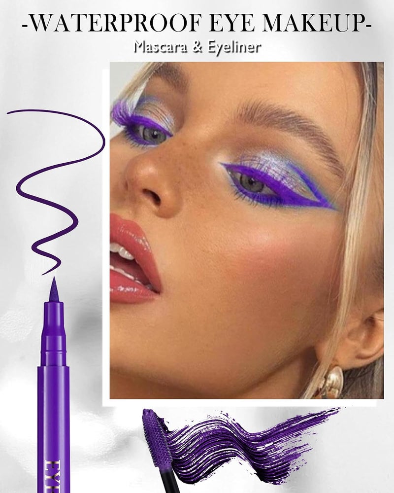 Lestpola Purple Waterproof Mascara & Eyeliner Set, 5D Silk Fiber Liquid Lash Extensions Colored Tubing Mascara Volume and Length, Long Wear, Smudge-Proof Curling Non-Clumping Mascara & Eyeliner Pen for Women - Image 2