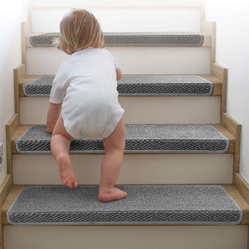 Brakki Bullnose Carpet Stair Treads, Non Slip Stair Treads for Wooden Steps Indoor, Stair Runner, Soft Stair Rugs, Edging Stair Protectors, Washable, 29.5"x9.5"x1.5" 14pcs, Grey - Image 3