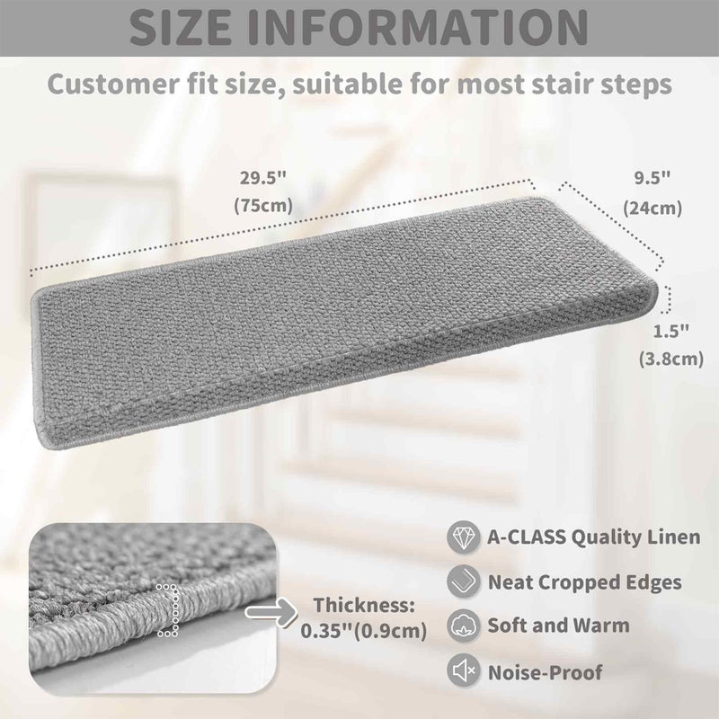 Brakki Bullnose Carpet Stair Treads, Non Slip Stair Treads for Wooden Steps Indoor, Stair Runner, Soft Stair Rugs, Edging Stair Protectors, Washable, 29.5"x9.5"x1.5" 14pcs, Grey - Image 4