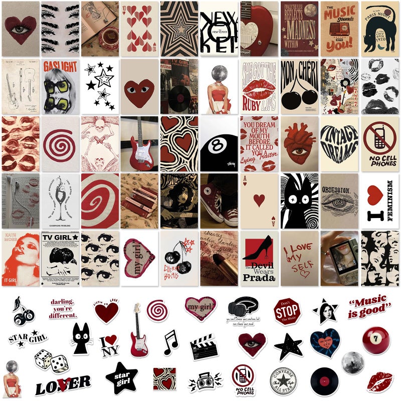 Uniro Downtown Girl Room Decor, 50pcs Y2k Posters with Stickers, Vintage Downtown Girl Wall Collage Kit, Retro Dark Red Coquette Wall Art for Teen Girls Bedroom Dorm Decor - Image 1